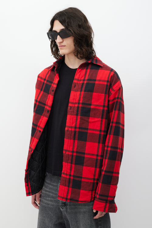 Balenciaga Red 
Black Asymmetrical Padded Plaid Jacket