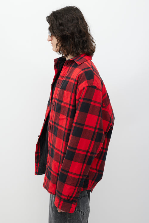 Balenciaga Red 
Black Asymmetrical Padded Plaid Jacket