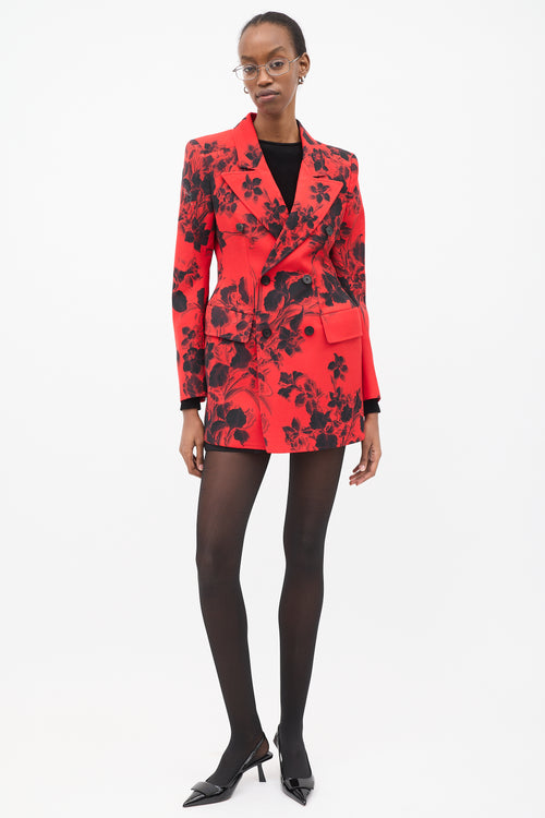 Balenciaga Red 
Black Wool Floral Hourglass Blazer