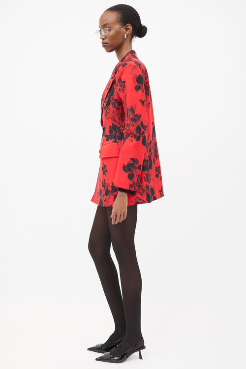 Balenciaga Red 
Black Wool Floral Hourglass Blazer