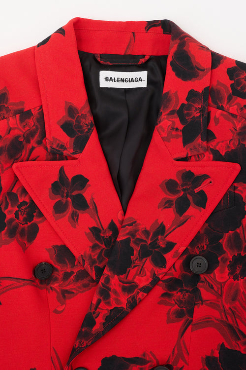 Balenciaga Red 
Black Wool Floral Hourglass Blazer