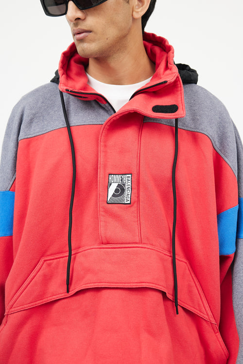 Balenciaga Red 
Grey Half Zip Logo Hoodie