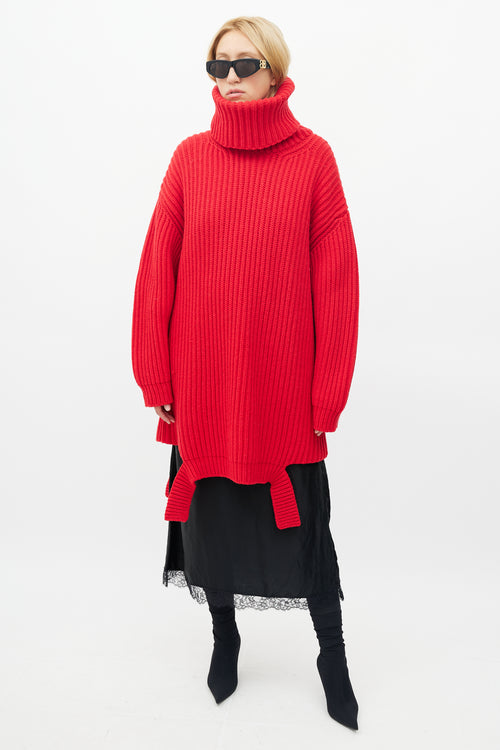 Balenciaga Red Ribbed Knit Sweater Dress