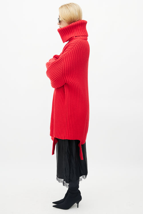 Balenciaga Red Ribbed Knit Sweater Dress