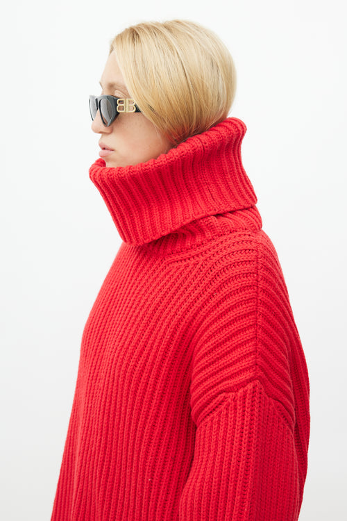 Balenciaga Red Ribbed Knit Sweater Dress