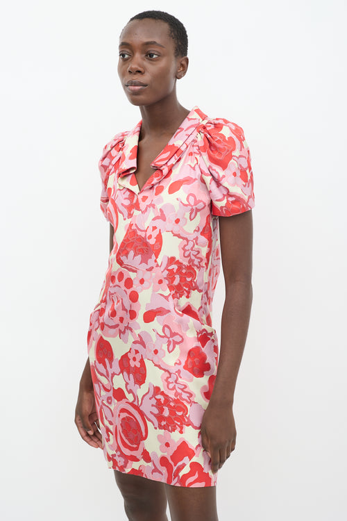 Balenciaga SS 2008 Red 
Pink Silk Floral Dress