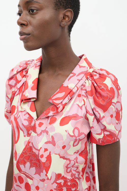 Balenciaga SS 2008 Red 
Pink Silk Floral Dress