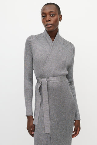 Balenciaga Metallic Silver Ribbed Knit Wrap Dress