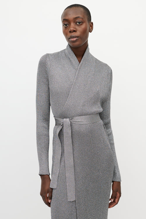 Balenciaga Metallic Silver Ribbed Knit Wrap Dress