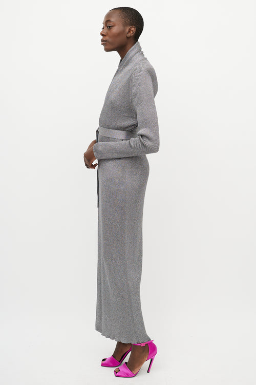 Balenciaga Metallic Silver Ribbed Knit Wrap Dress