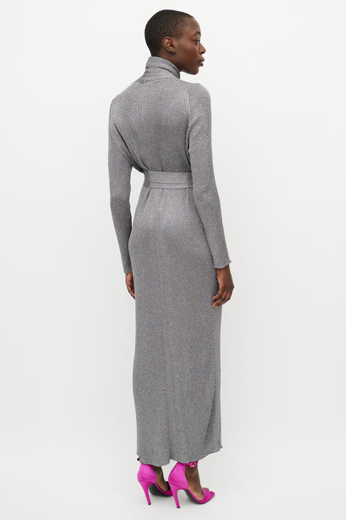 Balenciaga Metallic Silver Ribbed Knit Wrap Dress