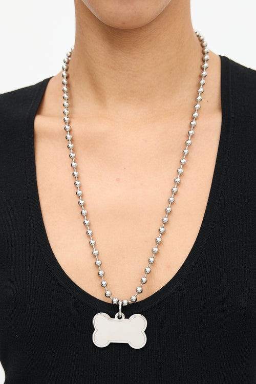 Balenciaga Silver Tag Pendant Ball Chain Necklace