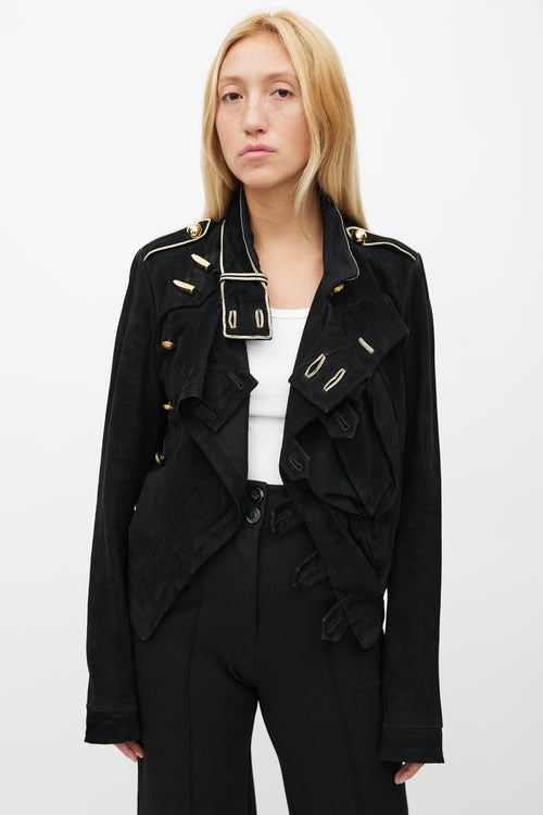 Balenciaga Spring 2005 Black 
Gold Suede Asymmetrical Military Jacket