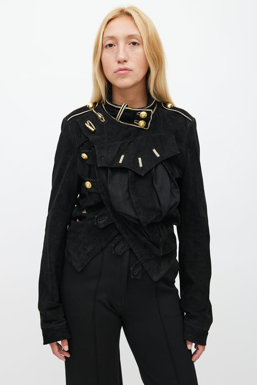 Balenciaga Spring 2005 Black 
Gold Suede Asymmetrical Military Jacket