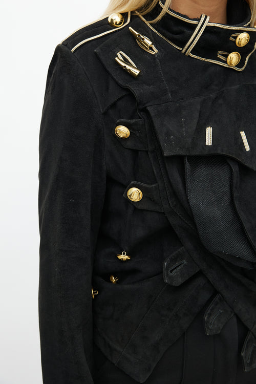 Balenciaga Spring 2005 Black 
Gold Suede Asymmetrical Military Jacket