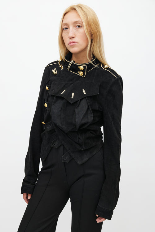 Balenciaga Spring 2005 Black 
Gold Suede Asymmetrical Military Jacket