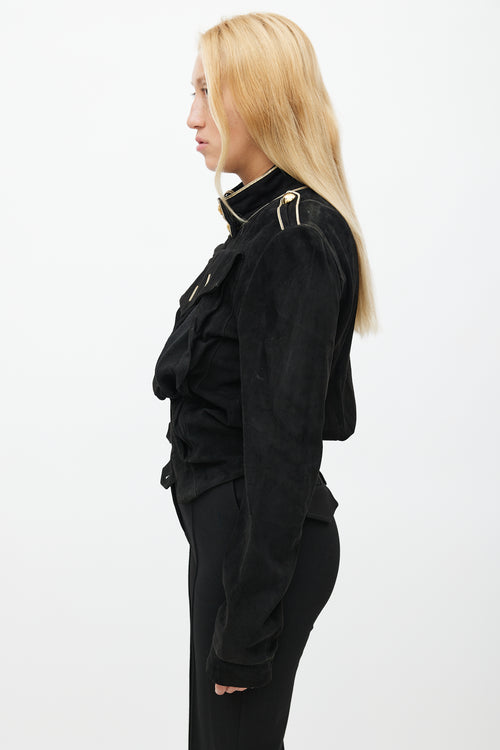 Balenciaga Spring 2005 Black 
Gold Suede Asymmetrical Military Jacket