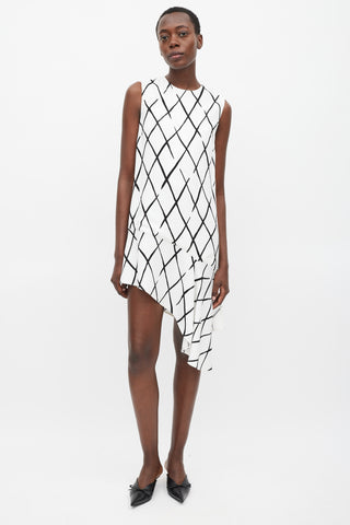 Balenciaga White 
Black Argyle Printed Asymmetric Dress