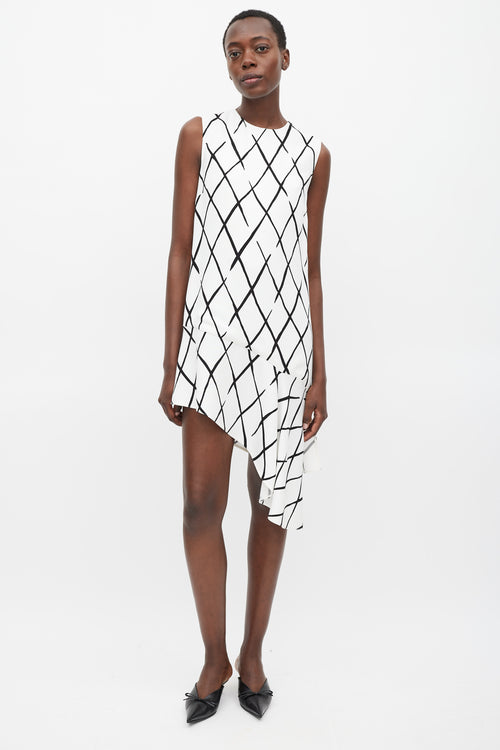 Balenciaga White 
Black Argyle Printed Asymmetric Dress