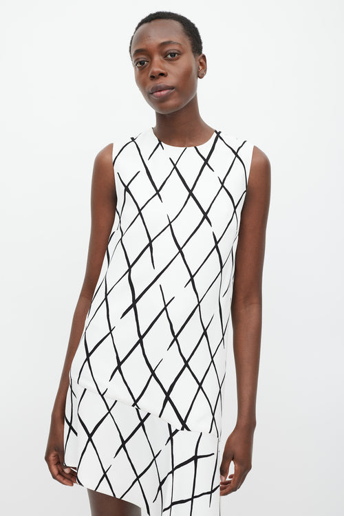 Balenciaga White 
Black Argyle Printed Asymmetric Dress