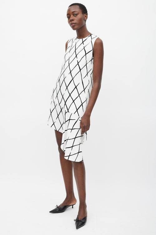 Balenciaga White 
Black Argyle Printed Asymmetric Dress