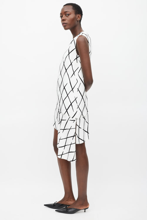 Balenciaga White 
Black Argyle Printed Asymmetric Dress