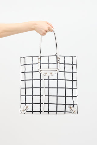 Balenciaga White 
Black Leather Papier Ledger Tote