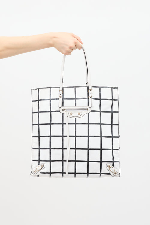 Balenciaga White 
Black Leather Papier Ledger Tote