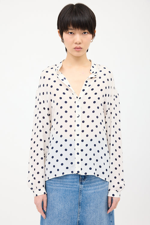 Balenciaga White 
Navy Silk Polka Dot Shirt