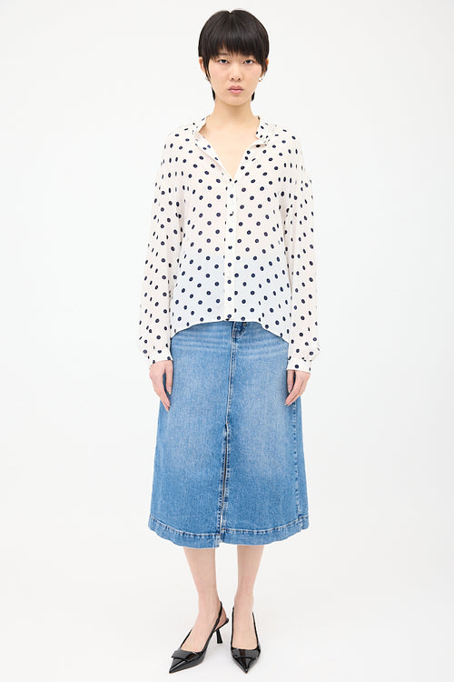 Balenciaga White 
Navy Silk Polka Dot Shirt