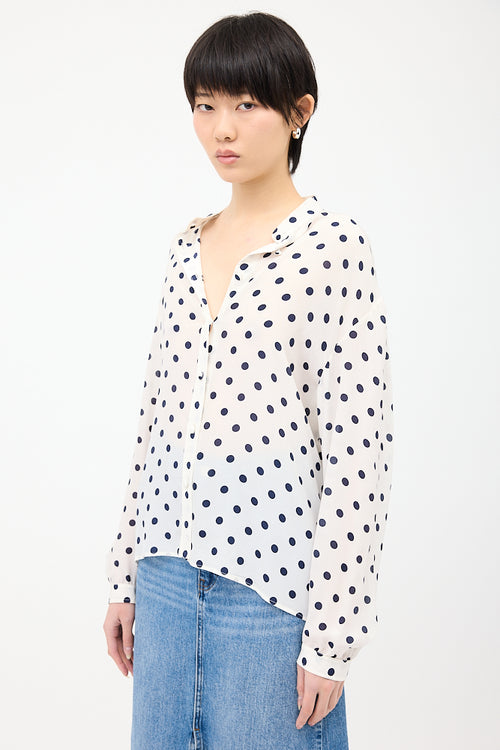 Balenciaga White 
Navy Silk Polka Dot Shirt