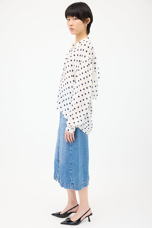 Balenciaga White 
Navy Silk Polka Dot Shirt