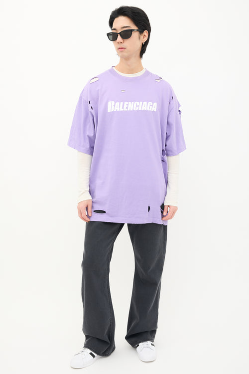 Balenciaga Purple Distressed Logo T-Shirt