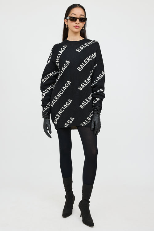 Balenciaga Black 
White Wool Knit Logo Sweater