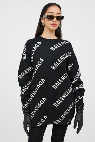 Balenciaga Black 
White Wool Knit Logo Sweater