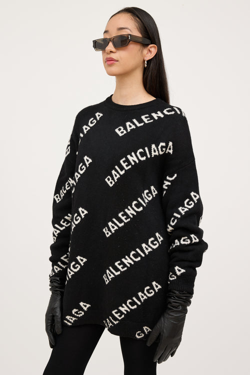 Balenciaga Black 
White Wool Knit Logo Sweater