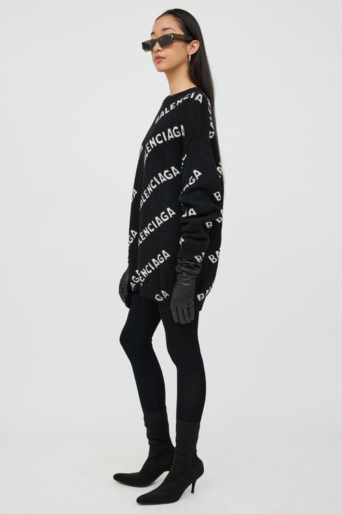 Balenciaga Black 
White Wool Knit Logo Sweater