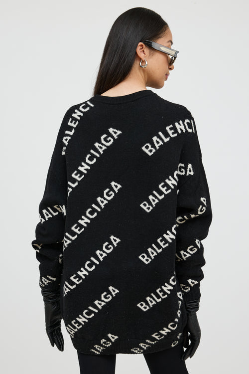 Balenciaga Black 
White Wool Knit Logo Sweater