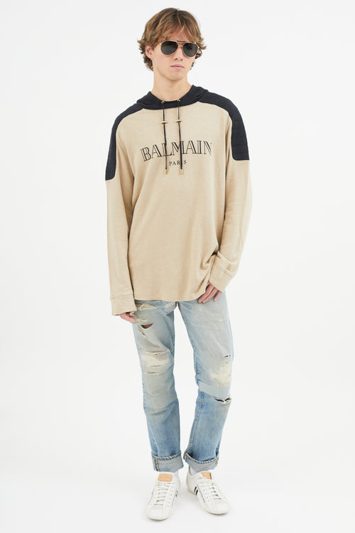 Balmain Beige 
Black Logo Hoodie