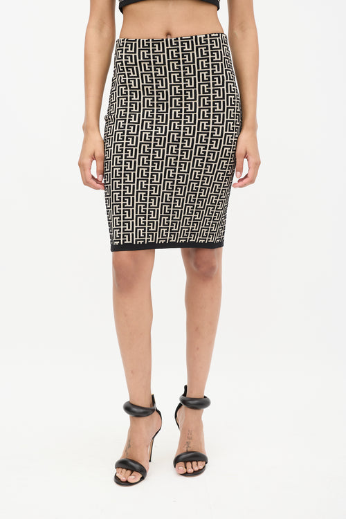 Balmain Beige 
Black Monogram Zip Skirt