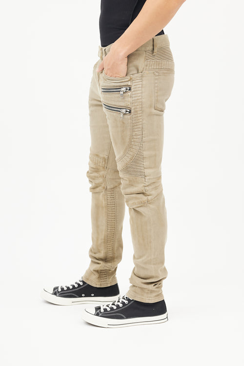 Balmain Beige Cotton Exposed Zip Jeans