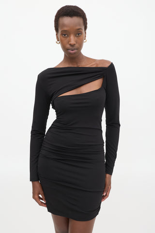 Balmain Black Asymmetrical Cutout Ruched Mini Dress