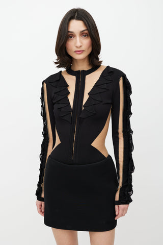 Balmain Black 
Beige Mesh Ruffled Bodysuit