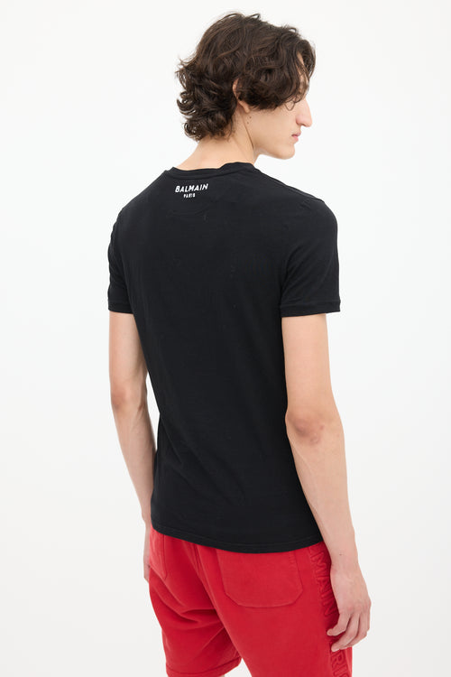 Balmain Black Cotton Embroidered V-Neck T-Shirt