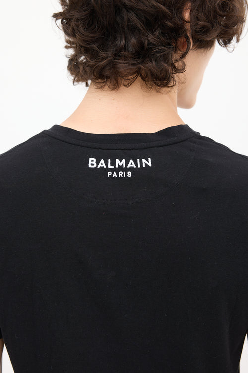 Balmain Black Cotton Embroidered V-Neck T-Shirt