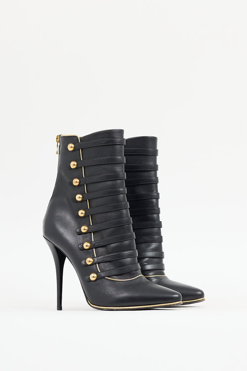 Balmain Black 
Gold Leather Alienor Stiletto Boot