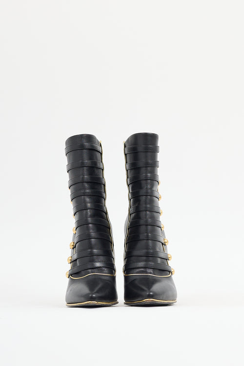 Balmain Black 
Gold Leather Alienor Stiletto Boot