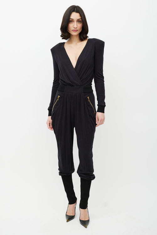 Balmain Black 
Gold Wool Jumpsuit