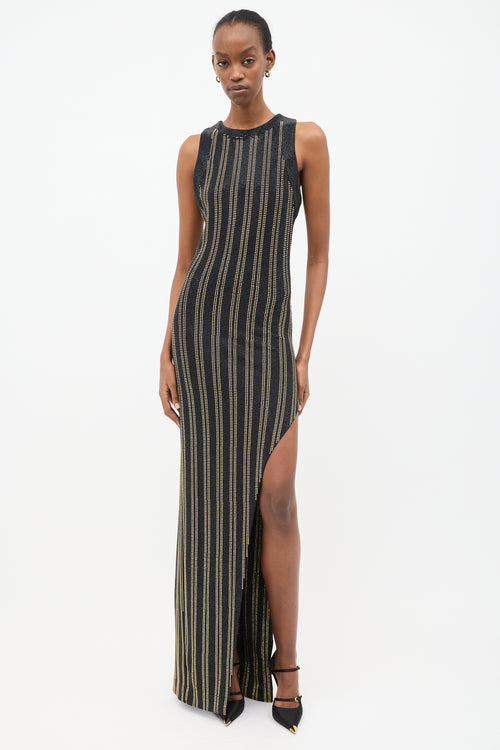 Balmain Black 
Gold Rhinestone Stripe Maxi Dress