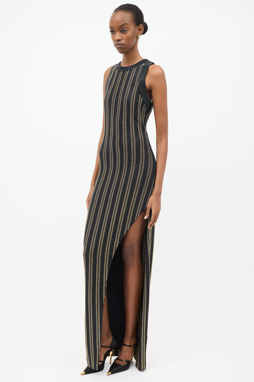 Balmain Black 
Gold Rhinestone Stripe Maxi Dress